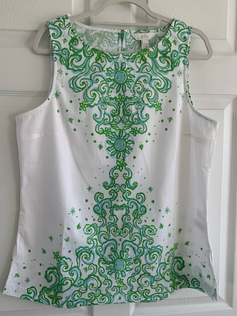 Lilly Pulitzer White Sleeveless Top with Green Scroll Motif